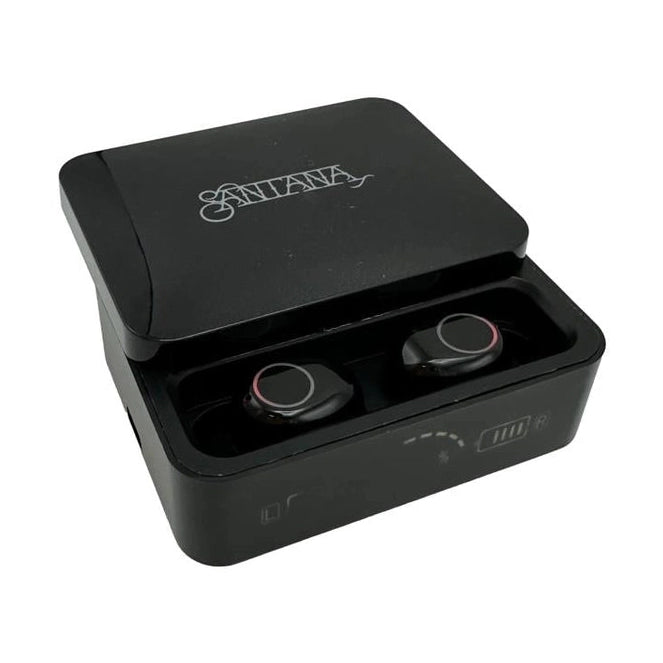 Black wireless earbuds in charging case.